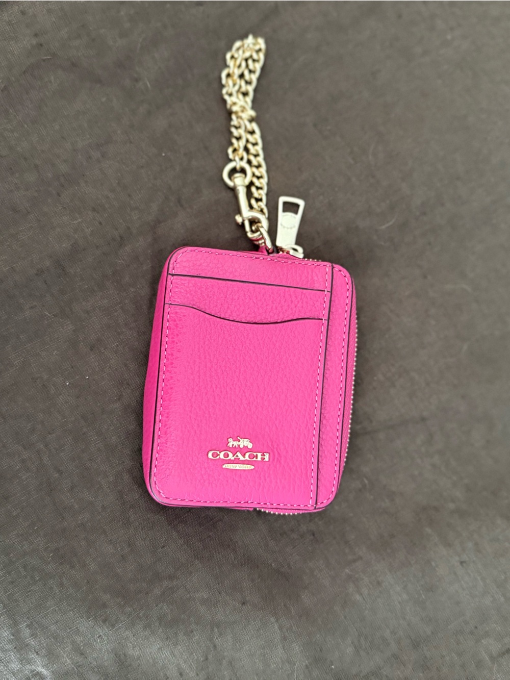 Coach Zip Card Case Wristlet Hot Pink Pebble Leather Gold Chain Style 6303